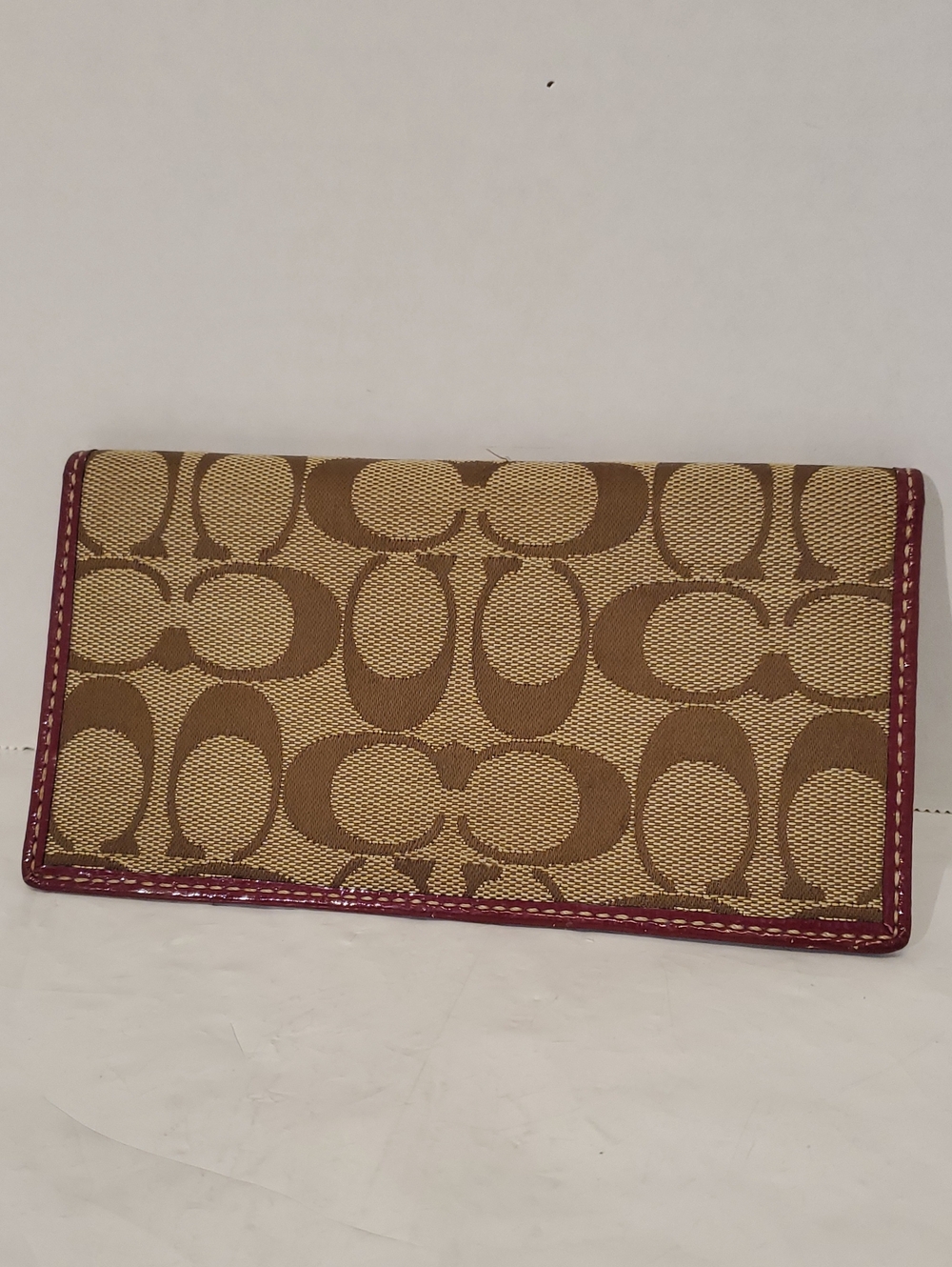 Coach Signature Canvas Check Book Holder in Tan and Brown with Burgundy Trim